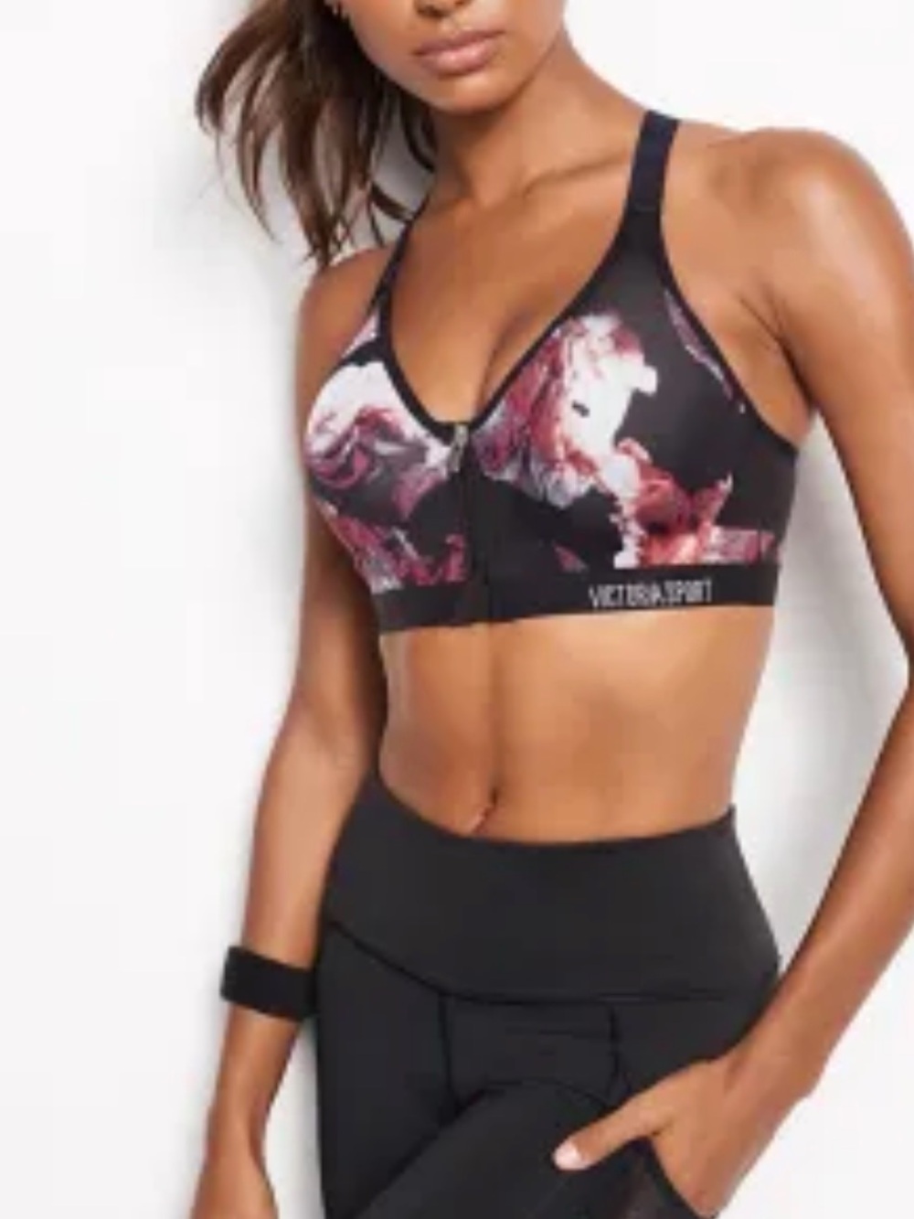 Victoria's Secret Floral Front-Zip Sports Bra in Black and Pink